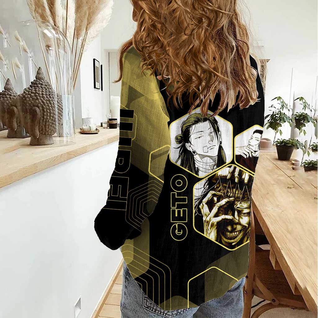 Suguru Geto Jujutsu Kaisen Gold Hexagon Design Women Casual Shirt with Multiple Expressions and Manga Style Art - The Mazicc