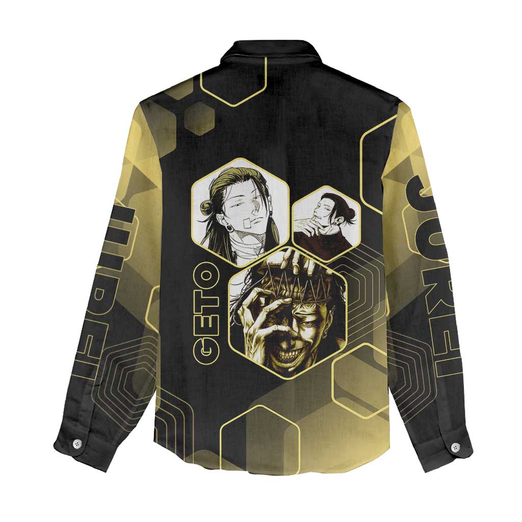 Suguru Geto Jujutsu Kaisen Gold Hexagon Design Women Casual Shirt with Multiple Expressions and Manga Style Art - The Mazicc