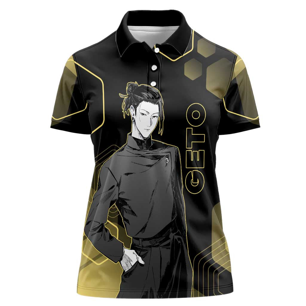 Suguru Geto Jujutsu Kaisen Gold Hexagon Design Women Polo Shirt with Multiple Expressions and Manga Style Art - The Mazicc