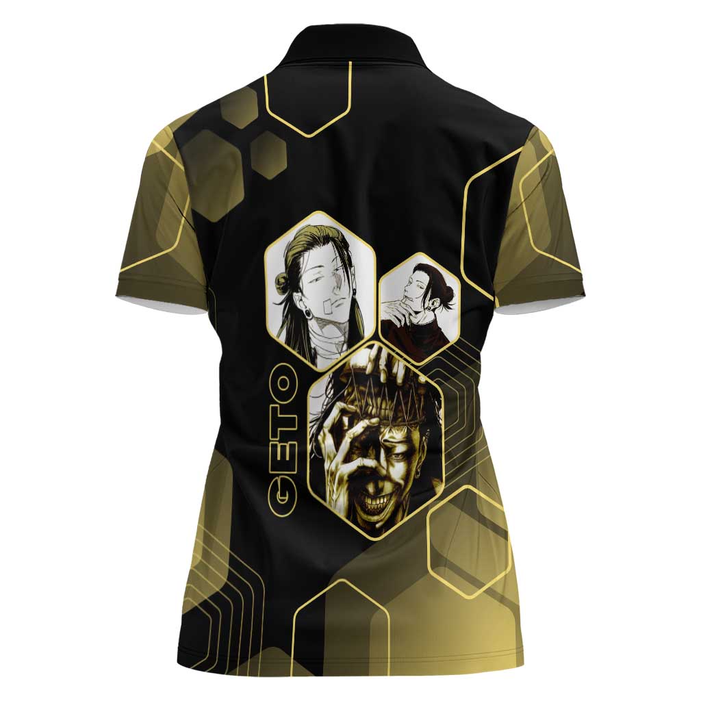 Suguru Geto Jujutsu Kaisen Gold Hexagon Design Women Polo Shirt with Multiple Expressions and Manga Style Art - The Mazicc