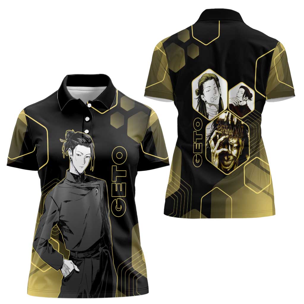 Suguru Geto Jujutsu Kaisen Gold Hexagon Design Women Polo Shirt with Multiple Expressions and Manga Style Art - The Mazicc