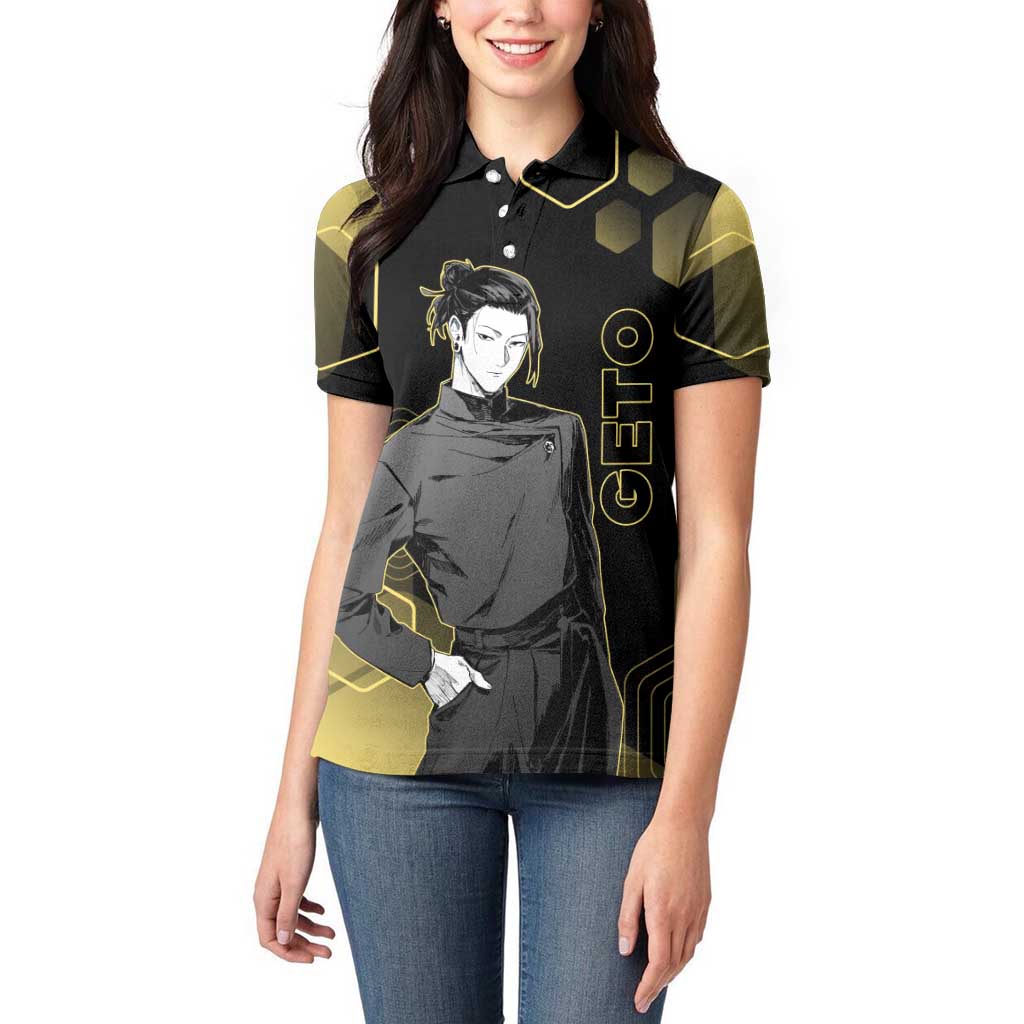 Suguru Geto Jujutsu Kaisen Gold Hexagon Design Women Polo Shirt with Multiple Expressions and Manga Style Art - The Mazicc