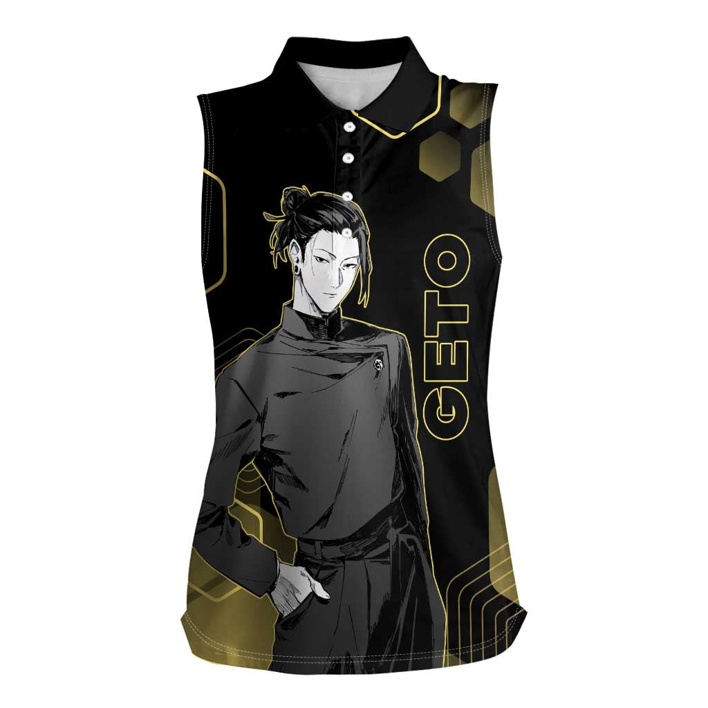 Suguru Geto Jujutsu Kaisen Gold Hexagon Design Women Sleeveless Polo Shirt with Multiple Expressions and Manga Style Art - The Mazicc