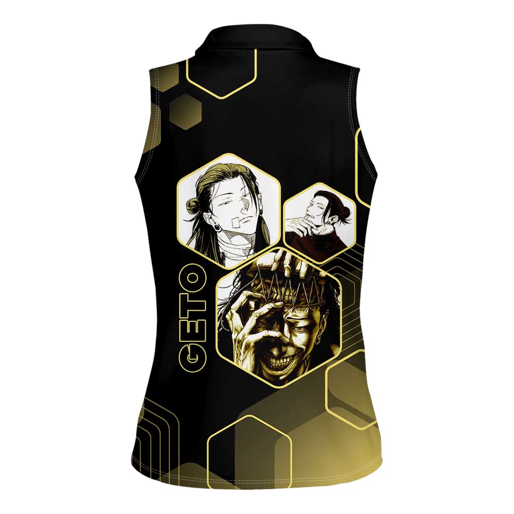 Suguru Geto Jujutsu Kaisen Gold Hexagon Design Women Sleeveless Polo Shirt with Multiple Expressions and Manga Style Art - The Mazicc