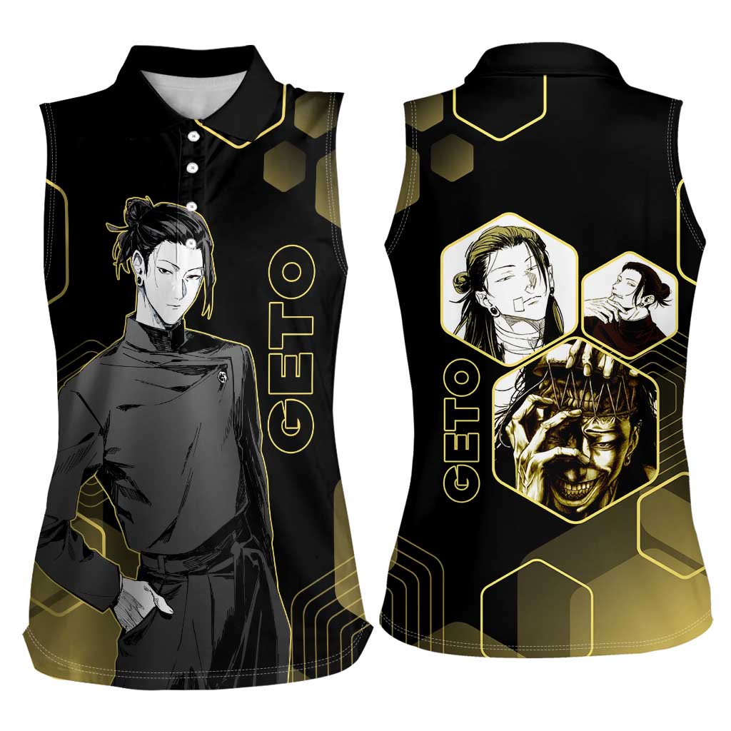 Suguru Geto Jujutsu Kaisen Gold Hexagon Design Women Sleeveless Polo Shirt with Multiple Expressions and Manga Style Art - The Mazicc