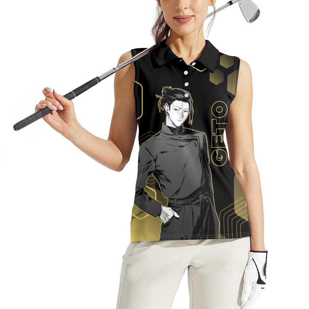Suguru Geto Jujutsu Kaisen Gold Hexagon Design Women Sleeveless Polo Shirt with Multiple Expressions and Manga Style Art - The Mazicc