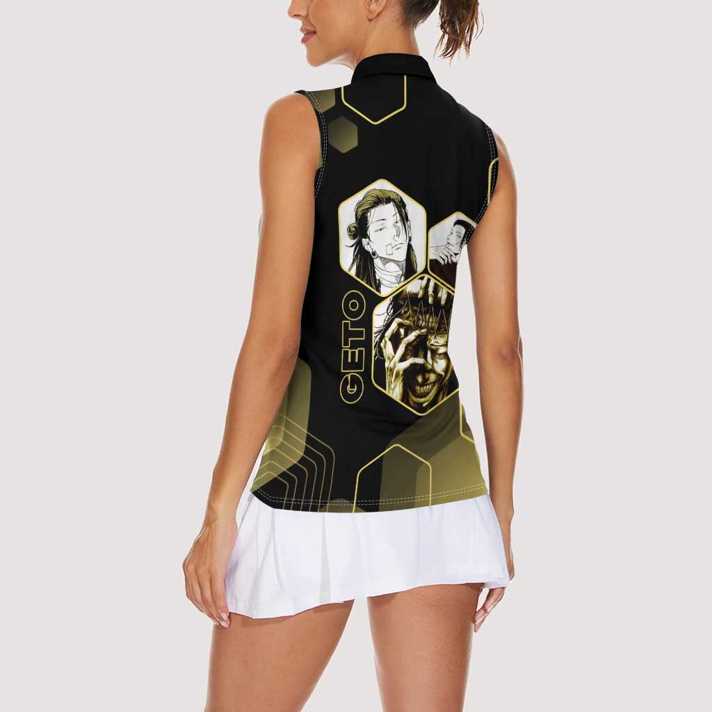 Suguru Geto Jujutsu Kaisen Gold Hexagon Design Women Sleeveless Polo Shirt with Multiple Expressions and Manga Style Art - The Mazicc
