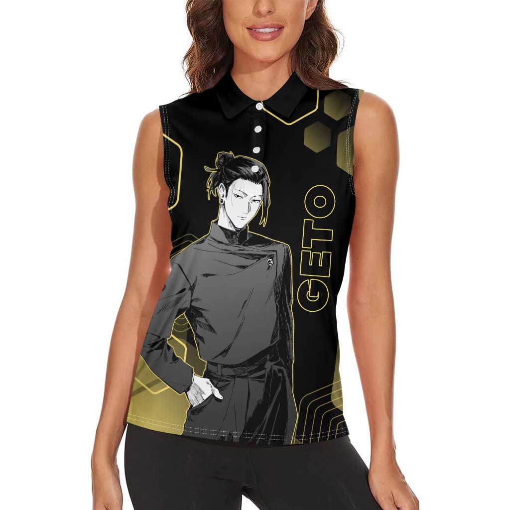Suguru Geto Jujutsu Kaisen Gold Hexagon Design Women Sleeveless Polo Shirt with Multiple Expressions and Manga Style Art - The Mazicc