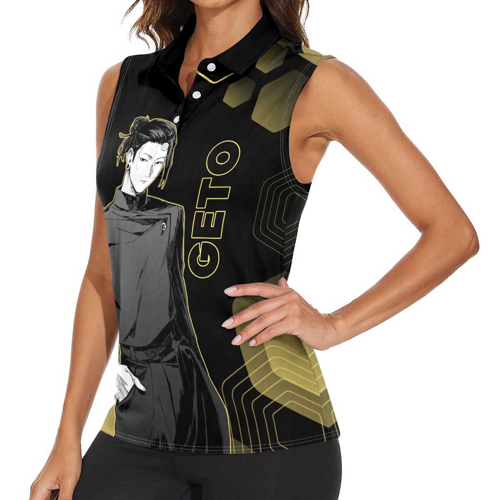 Suguru Geto Jujutsu Kaisen Gold Hexagon Design Women Sleeveless Polo Shirt with Multiple Expressions and Manga Style Art - The Mazicc