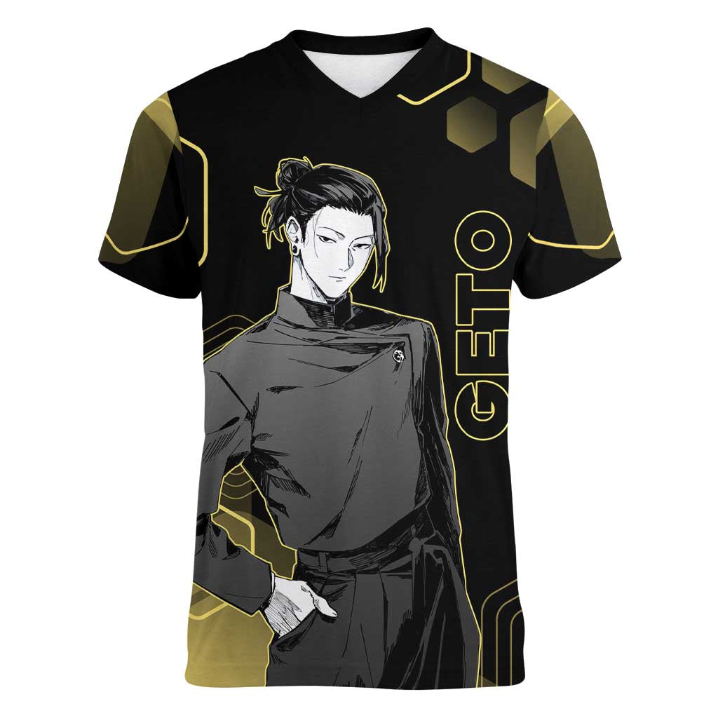 Suguru Geto Jujutsu Kaisen Gold Hexagon Design Women V-Neck T-Shirt with Multiple Expressions and Manga Style Art - The Mazicc