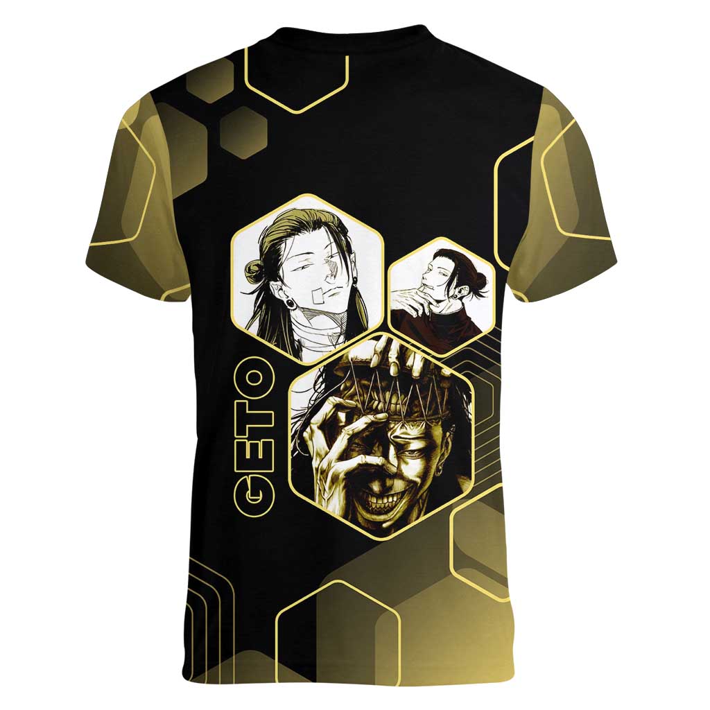 Suguru Geto Jujutsu Kaisen Gold Hexagon Design Women V-Neck T-Shirt with Multiple Expressions and Manga Style Art - The Mazicc