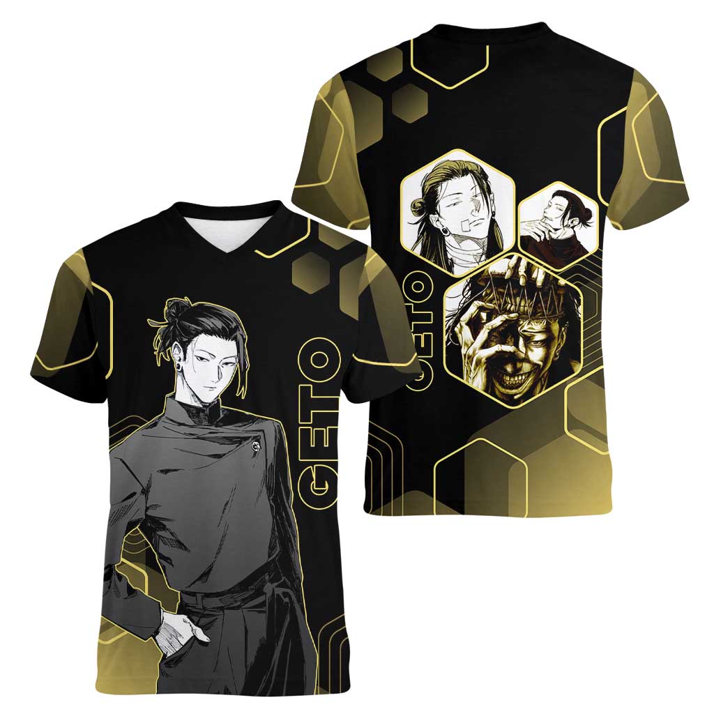 Suguru Geto Jujutsu Kaisen Gold Hexagon Design Women V-Neck T-Shirt with Multiple Expressions and Manga Style Art - The Mazicc