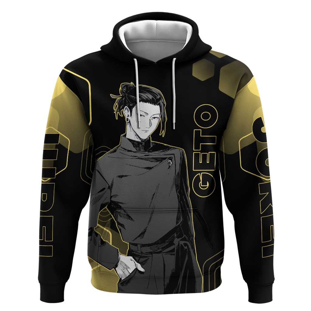 Suguru Geto Jujutsu Kaisen Gold Hexagon Design Zip Hoodie with Multiple Expressions and Manga Style Art - The Mazicc