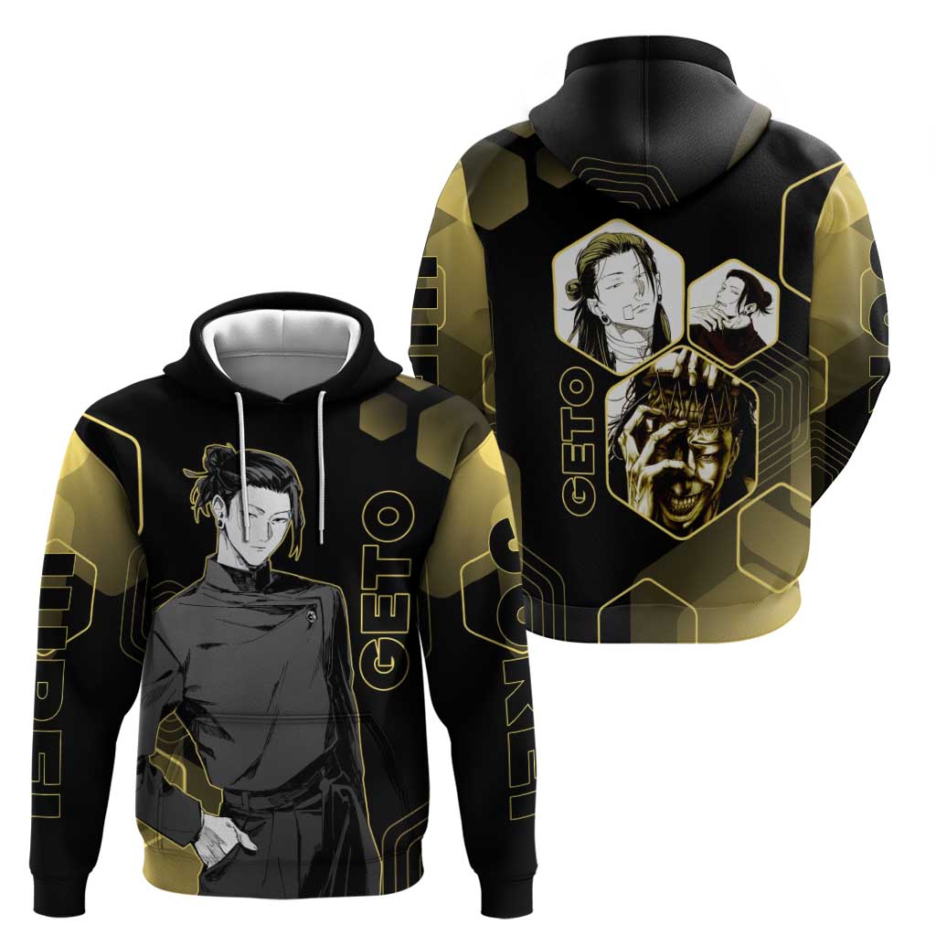 Suguru Geto Jujutsu Kaisen Gold Hexagon Design Zip Hoodie with Multiple Expressions and Manga Style Art - The Mazicc