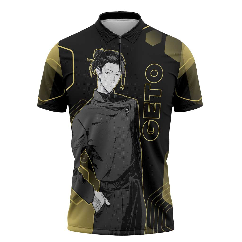 Suguru Geto Jujutsu Kaisen Gold Hexagon Design Zipper Polo Shirt with Multiple Expressions and Manga Style Art - The Mazicc