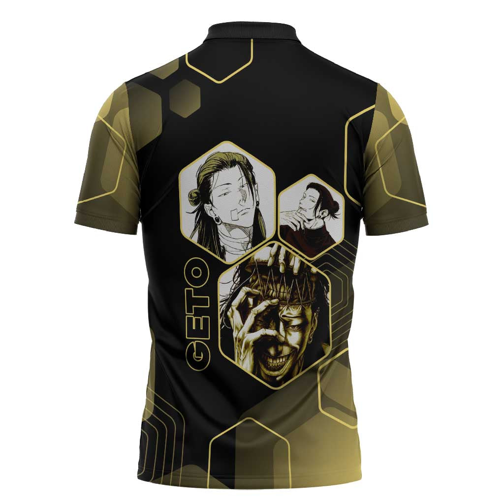 Suguru Geto Jujutsu Kaisen Gold Hexagon Design Zipper Polo Shirt with Multiple Expressions and Manga Style Art - The Mazicc