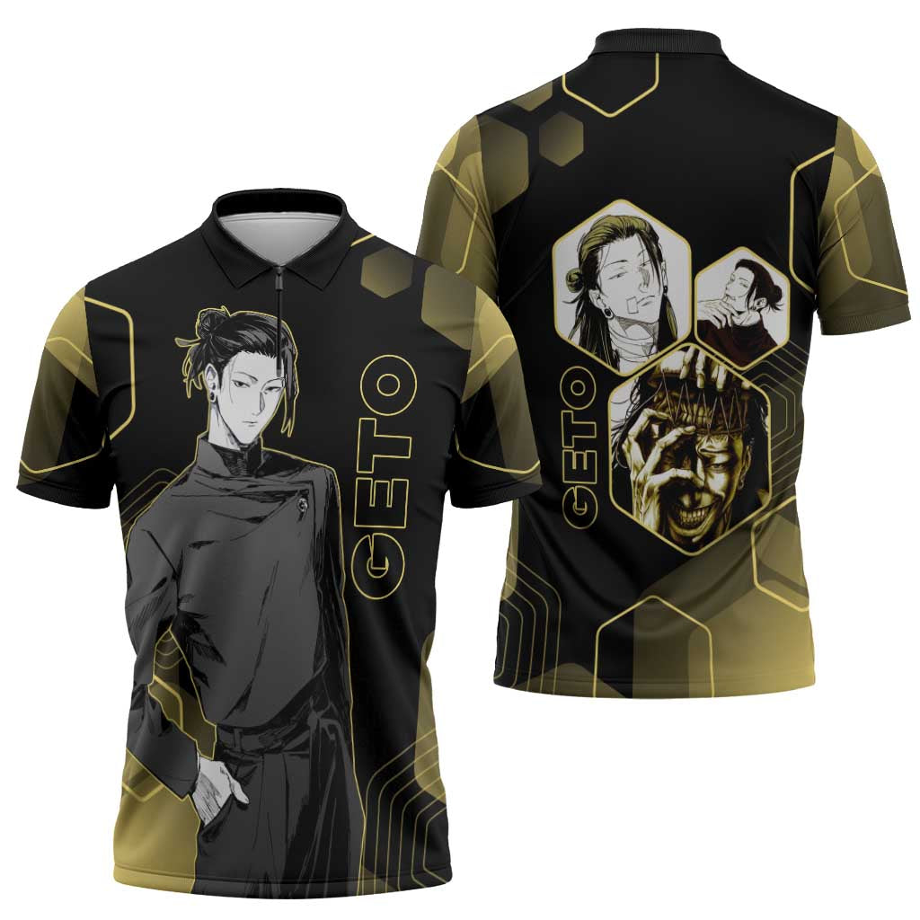 Suguru Geto Jujutsu Kaisen Gold Hexagon Design Zipper Polo Shirt with Multiple Expressions and Manga Style Art - The Mazicc