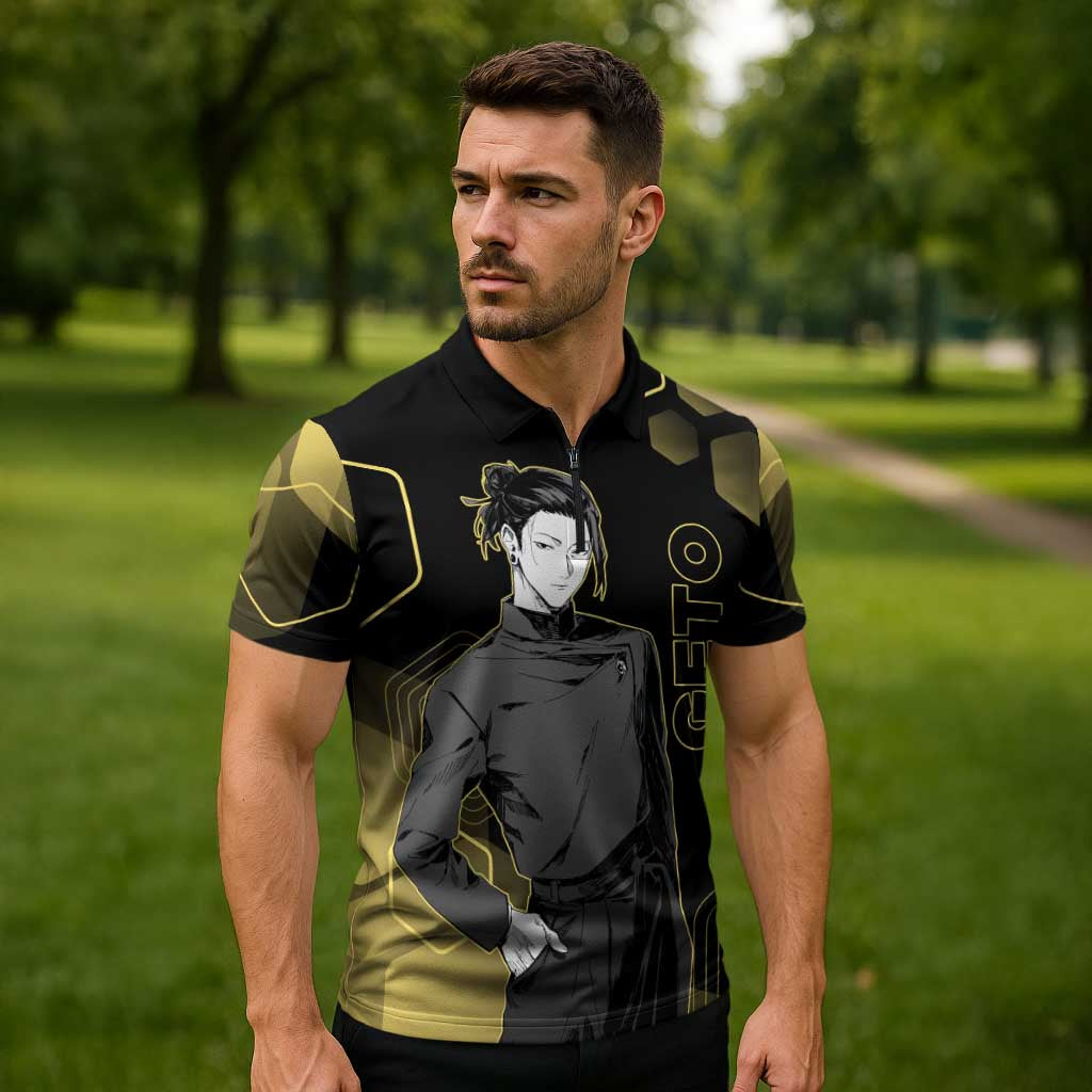 Suguru Geto Jujutsu Kaisen Gold Hexagon Design Zipper Polo Shirt with Multiple Expressions and Manga Style Art - The Mazicc