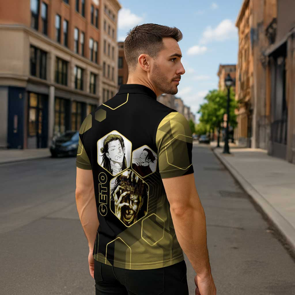 Suguru Geto Jujutsu Kaisen Gold Hexagon Design Zipper Polo Shirt with Multiple Expressions and Manga Style Art - The Mazicc