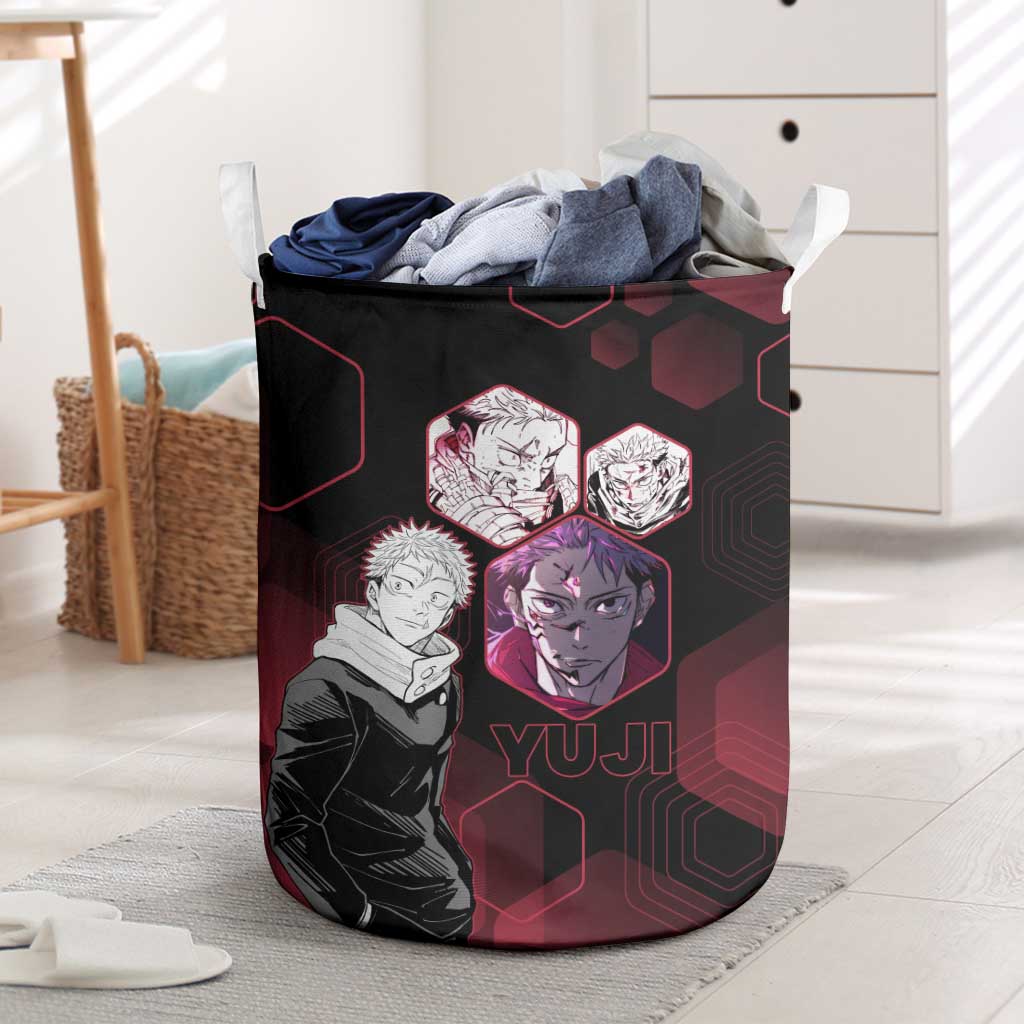 Yuji Itadori Jujutsu Kaisen Red Hexagon Design Laundry Basket with Sukuna Transformation and Manga Style Art - The Mazicc