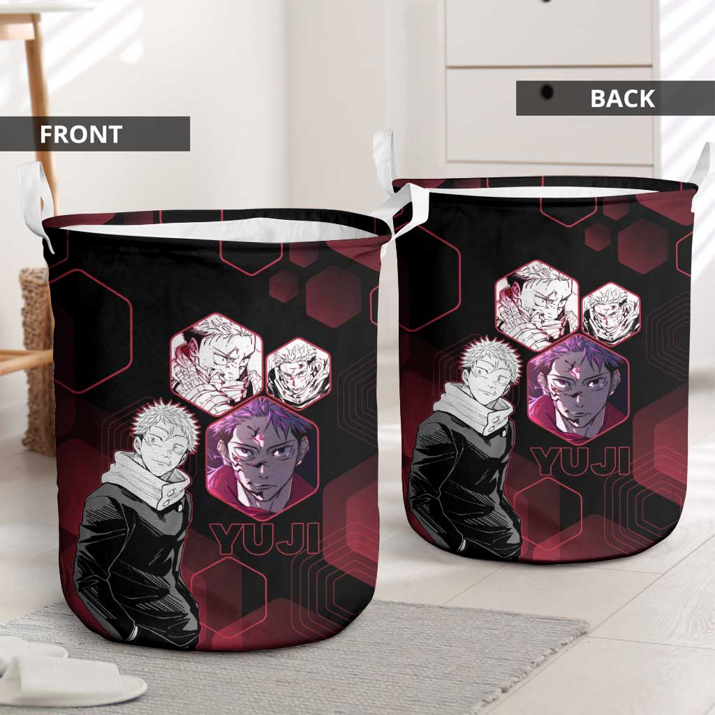 Yuji Itadori Jujutsu Kaisen Red Hexagon Design Laundry Basket with Sukuna Transformation and Manga Style Art - The Mazicc