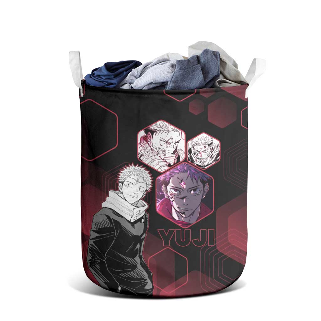 Yuji Itadori Jujutsu Kaisen Red Hexagon Design Laundry Basket with Sukuna Transformation and Manga Style Art - The Mazicc