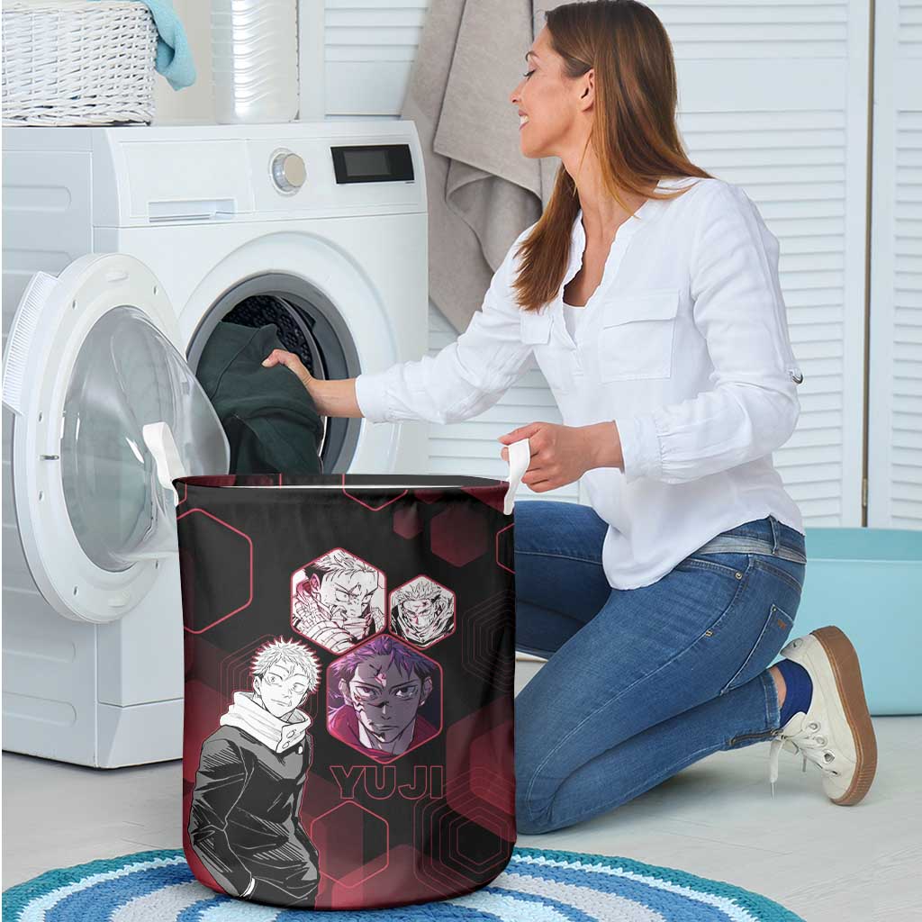 Yuji Itadori Jujutsu Kaisen Red Hexagon Design Laundry Basket with Sukuna Transformation and Manga Style Art - The Mazicc