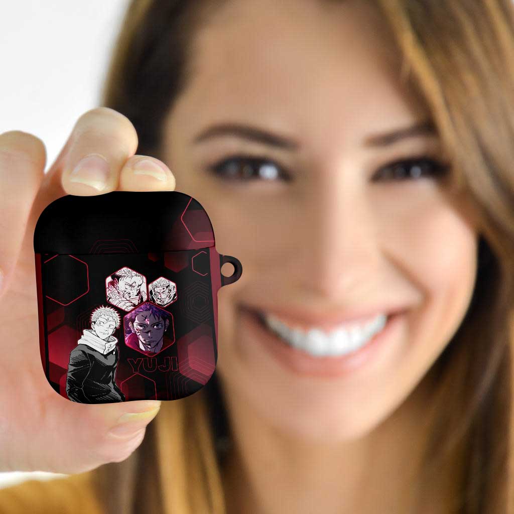 Yuji Itadori Jujutsu Kaisen Red Hexagon Design AirPods Case with Sukuna Transformation and Manga Style Art - The Mazicc