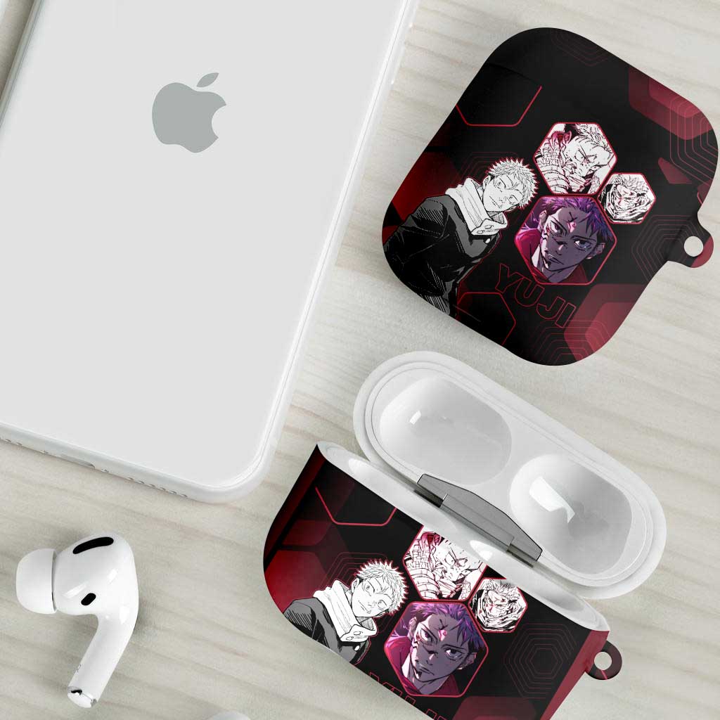 Yuji Itadori Jujutsu Kaisen Red Hexagon Design AirPods Case with Sukuna Transformation and Manga Style Art - The Mazicc