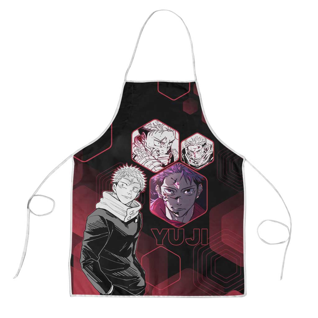 Yuji Itadori Jujutsu Kaisen Red Hexagon Design Apron with Sukuna Transformation and Manga Style Art - The Mazicc