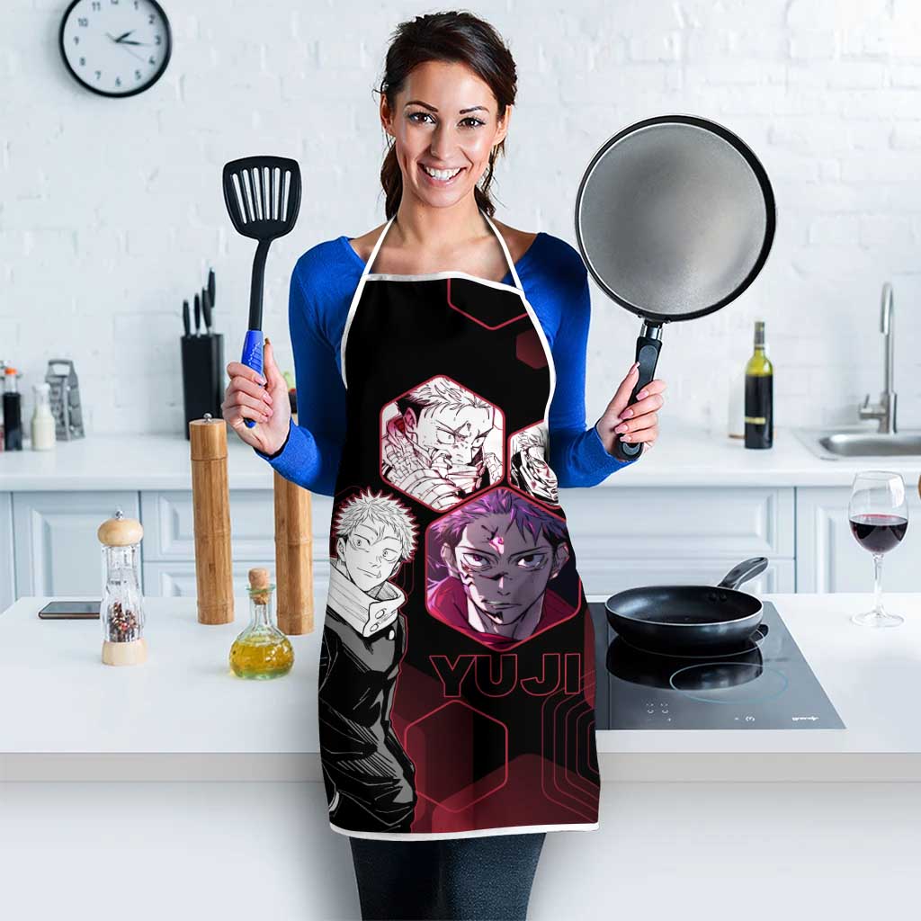 Yuji Itadori Jujutsu Kaisen Red Hexagon Design Apron with Sukuna Transformation and Manga Style Art - The Mazicc