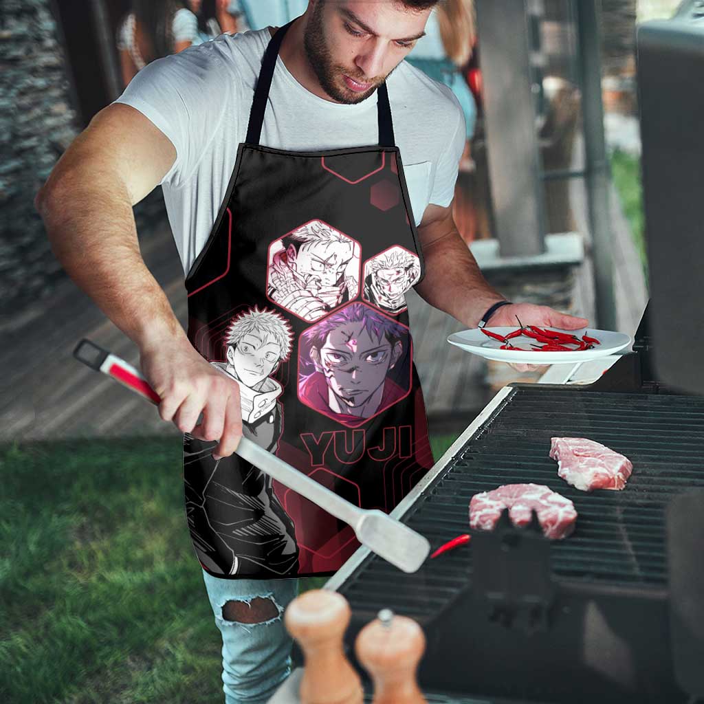 Yuji Itadori Jujutsu Kaisen Red Hexagon Design Apron with Sukuna Transformation and Manga Style Art - The Mazicc