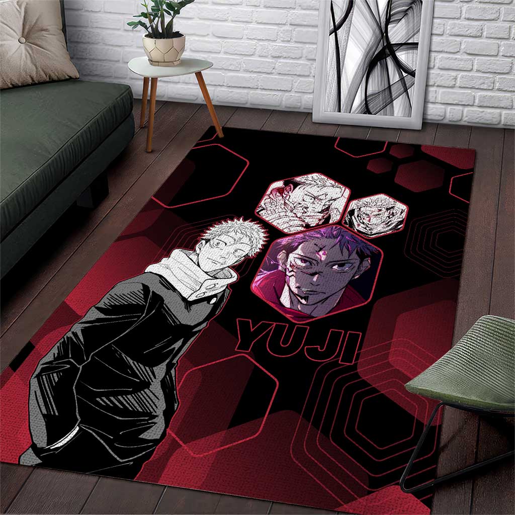 Yuji Itadori Jujutsu Kaisen Red Hexagon Design Area Rug with Sukuna Transformation and Manga Style Art - The Mazicc
