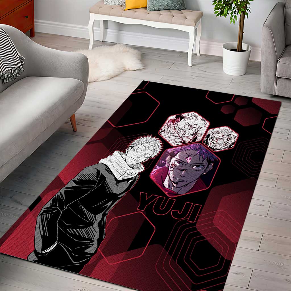 Yuji Itadori Jujutsu Kaisen Red Hexagon Design Area Rug with Sukuna Transformation and Manga Style Art - The Mazicc