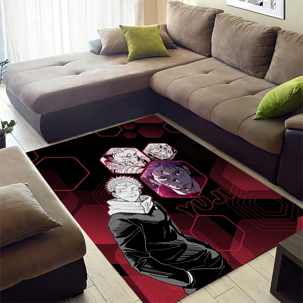 Yuji Itadori Jujutsu Kaisen Red Hexagon Design Area Rug with Sukuna Transformation and Manga Style Art - The Mazicc