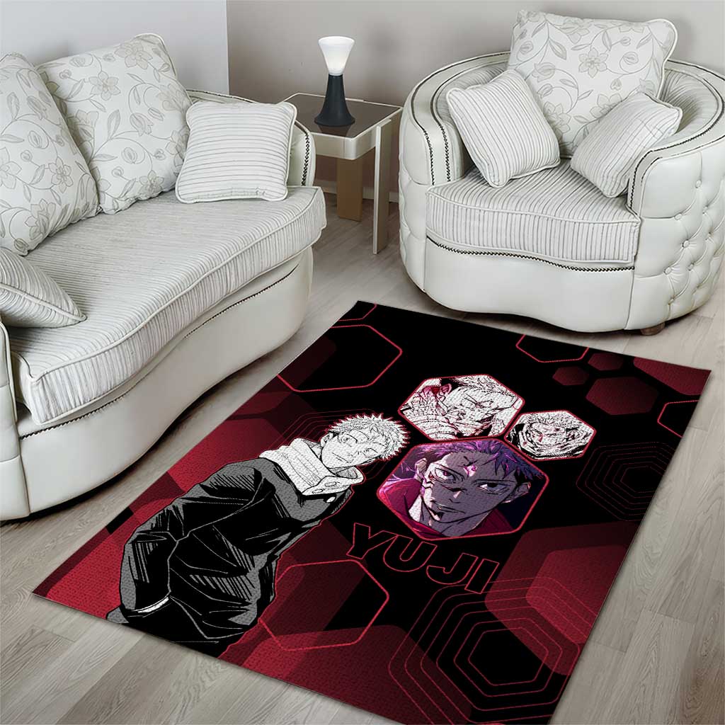 Yuji Itadori Jujutsu Kaisen Red Hexagon Design Area Rug with Sukuna Transformation and Manga Style Art - The Mazicc