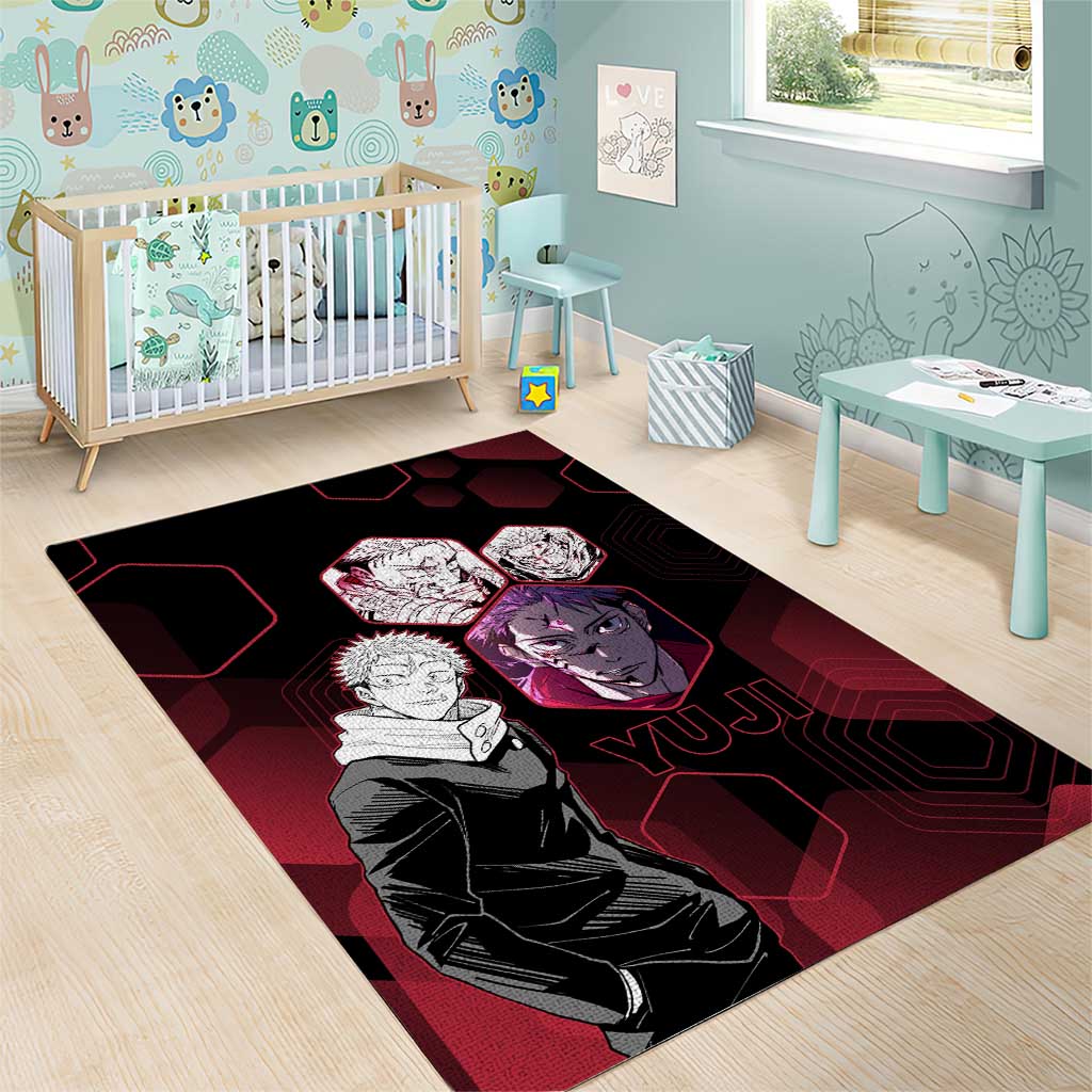 Yuji Itadori Jujutsu Kaisen Red Hexagon Design Area Rug with Sukuna Transformation and Manga Style Art - The Mazicc