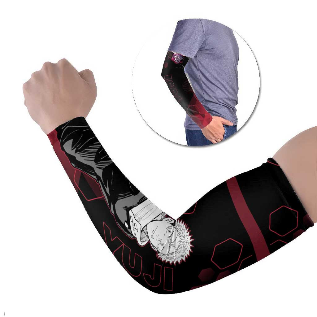 Yuji Itadori Jujutsu Kaisen Red Hexagon Design Arm Sleeves with Sukuna Transformation and Manga Style Art - The Mazicc