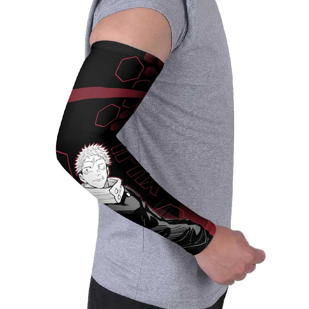 Yuji Itadori Jujutsu Kaisen Red Hexagon Design Arm Sleeves with Sukuna Transformation and Manga Style Art - The Mazicc