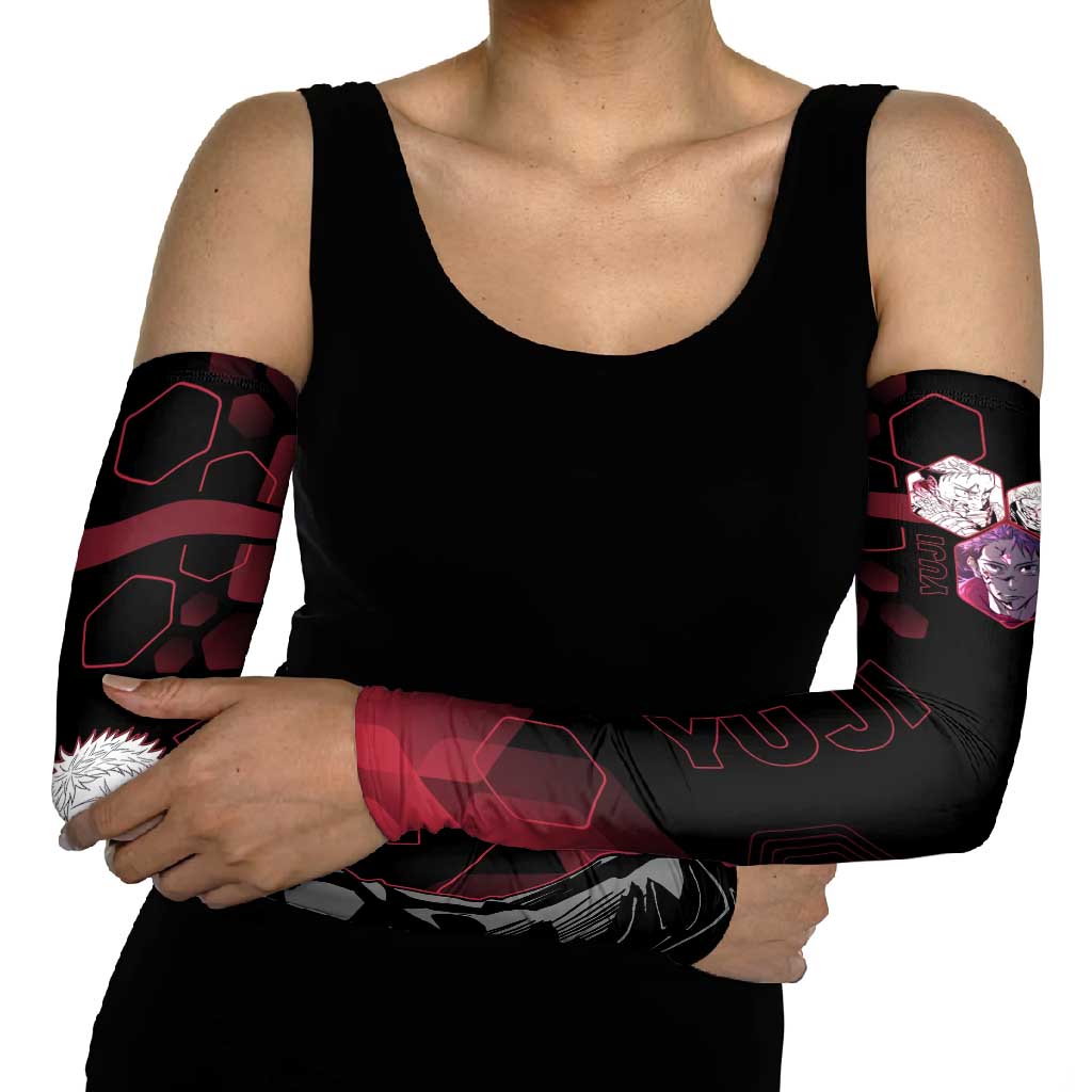 Yuji Itadori Jujutsu Kaisen Red Hexagon Design Arm Sleeves with Sukuna Transformation and Manga Style Art - The Mazicc
