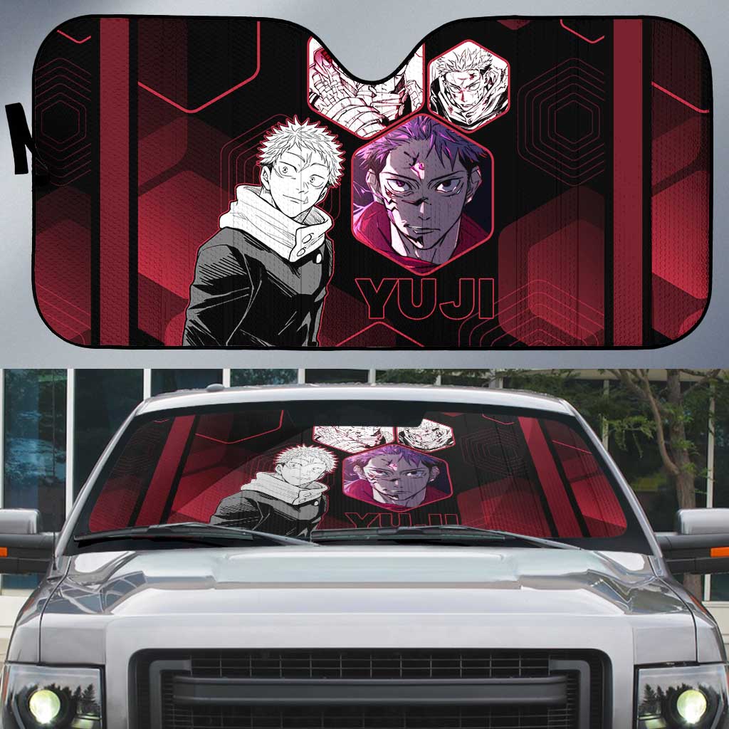 Yuji Itadori Jujutsu Kaisen Red Hexagon Design Auto Sun Shade with Sukuna Transformation and Manga Style Art - The Mazicc