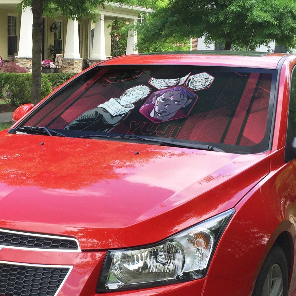 Yuji Itadori Jujutsu Kaisen Red Hexagon Design Auto Sun Shade with Sukuna Transformation and Manga Style Art - The Mazicc