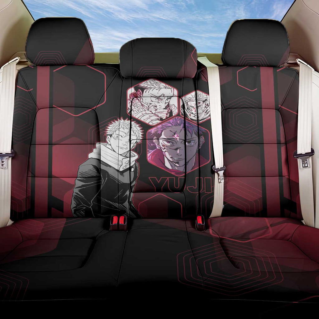Yuji Itadori Jujutsu Kaisen Red Hexagon Design Back Car Seat Cover with Sukuna Transformation and Manga Style Art - The Mazicc