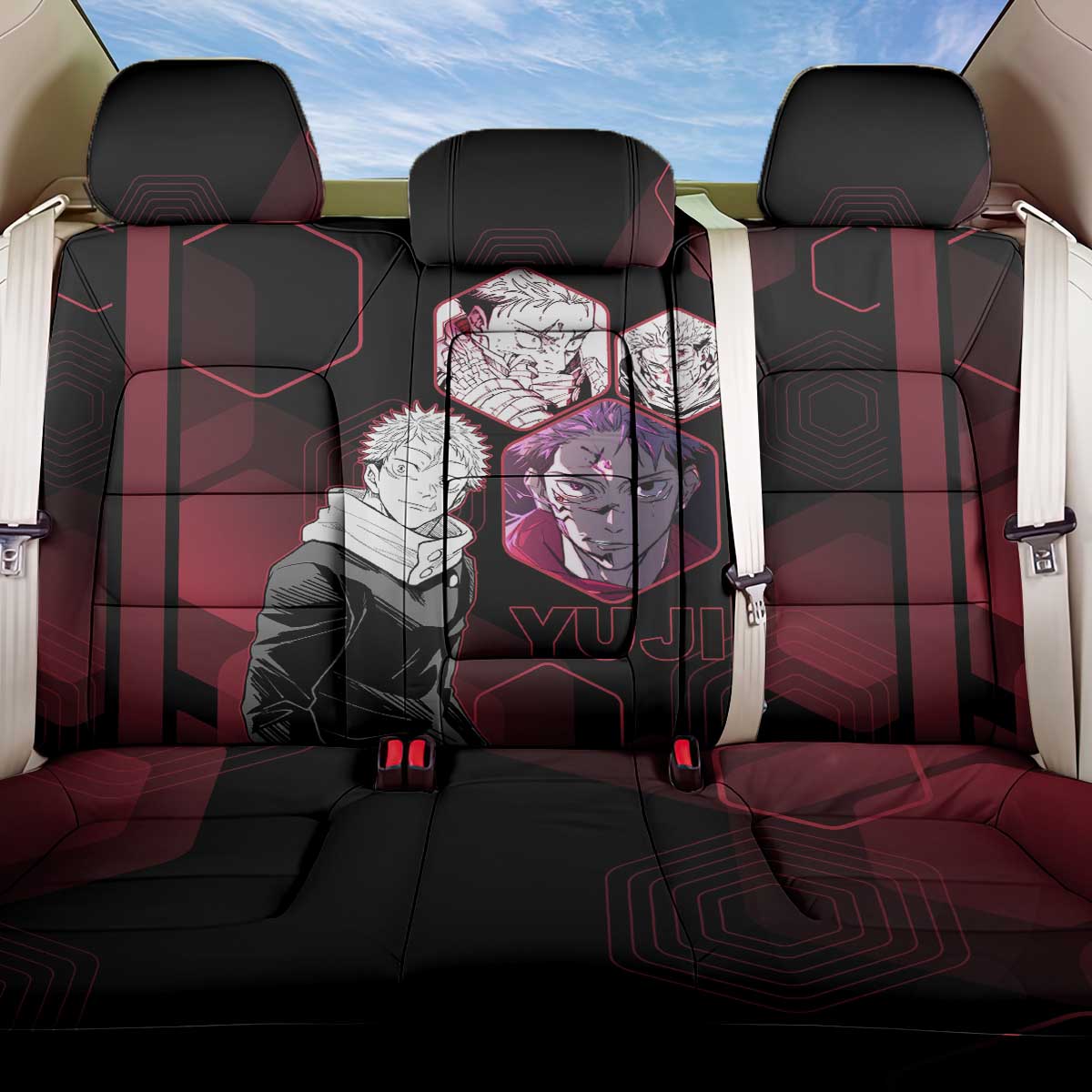 Yuji Itadori Jujutsu Kaisen Red Hexagon Design Back Car Seat Cover with Sukuna Transformation and Manga Style Art - The Mazicc
