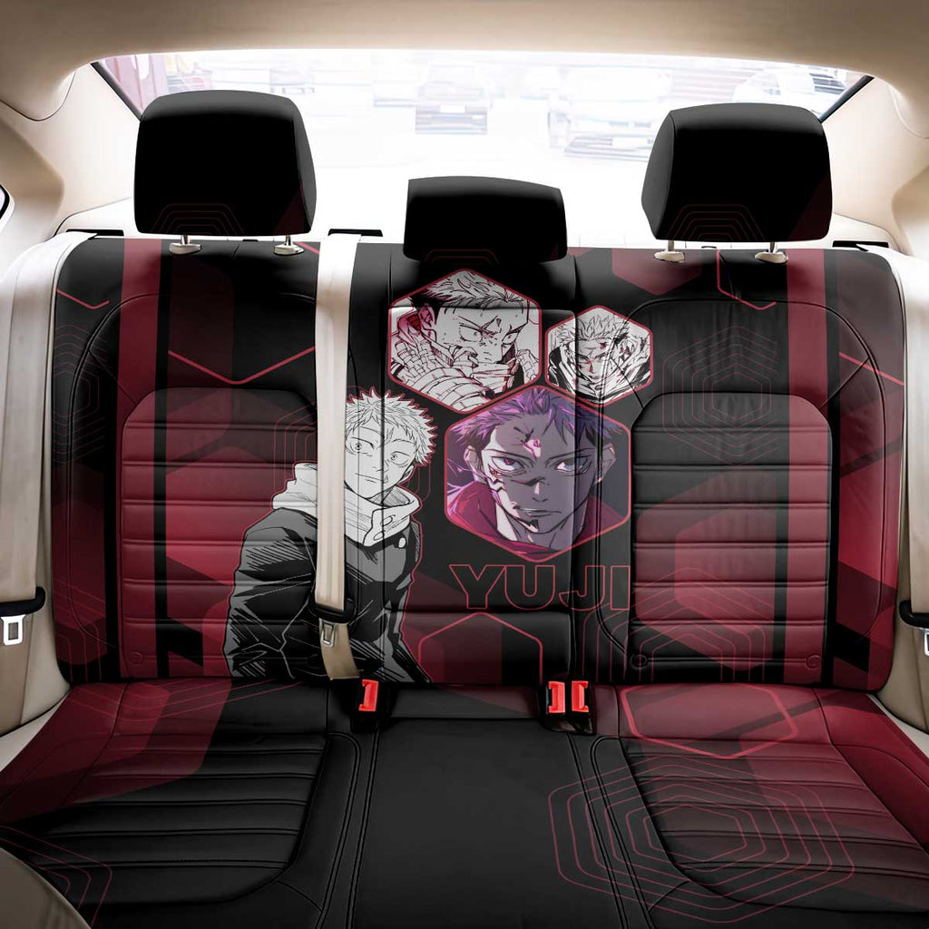 Yuji Itadori Jujutsu Kaisen Red Hexagon Design Back Car Seat Cover with Sukuna Transformation and Manga Style Art - The Mazicc