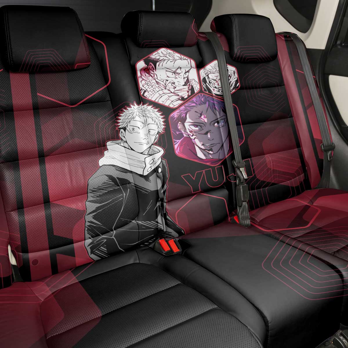 Yuji Itadori Jujutsu Kaisen Red Hexagon Design Back Car Seat Cover with Sukuna Transformation and Manga Style Art - The Mazicc