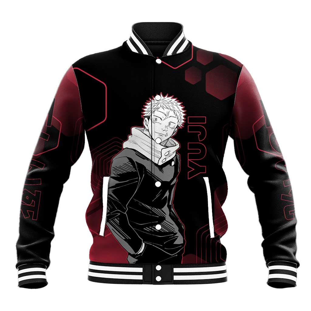 Yuji Itadori Jujutsu Kaisen Red Hexagon Design Baseball Jacket with Sukuna Transformation and Manga Style Art - The Mazicc