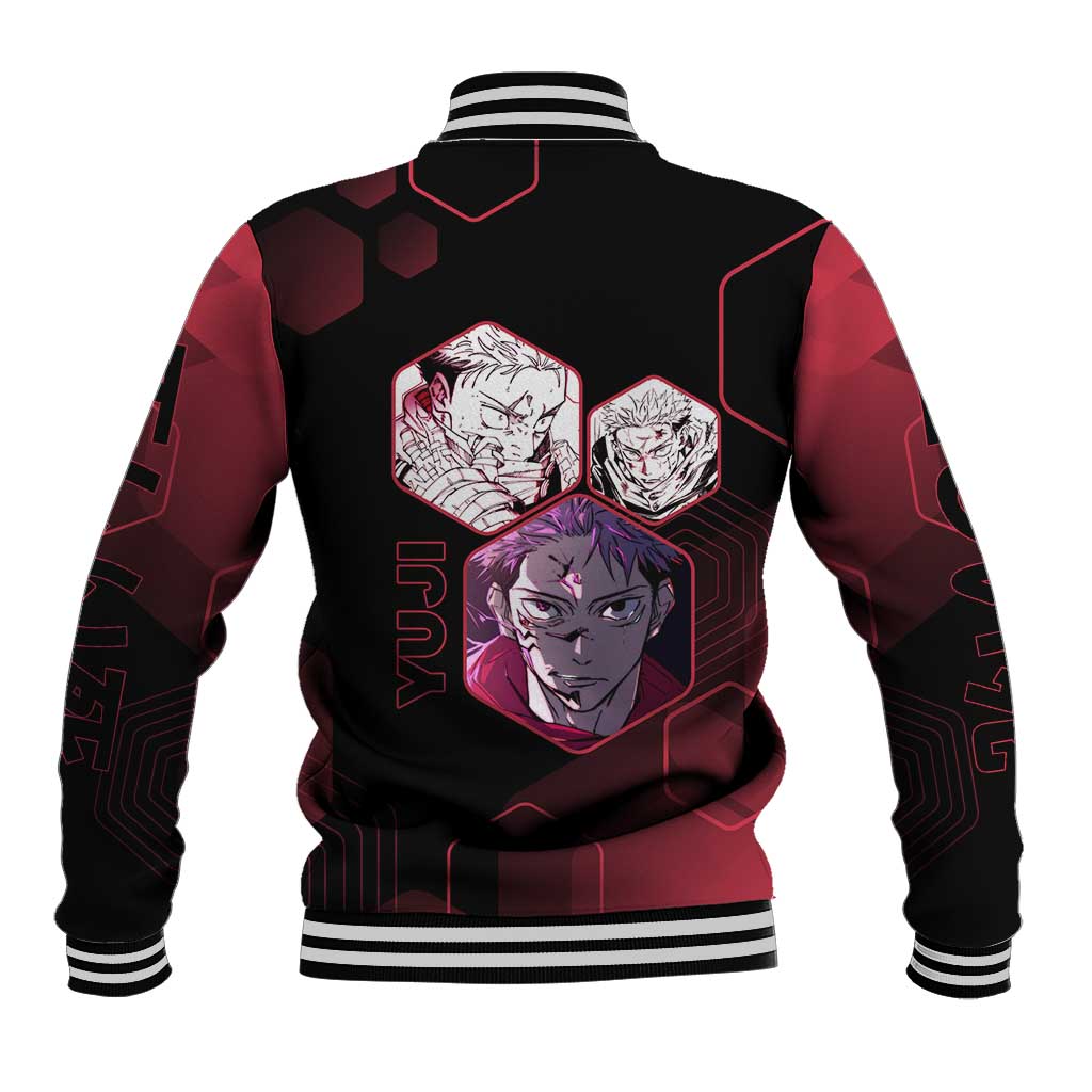 Yuji Itadori Jujutsu Kaisen Red Hexagon Design Baseball Jacket with Sukuna Transformation and Manga Style Art - The Mazicc