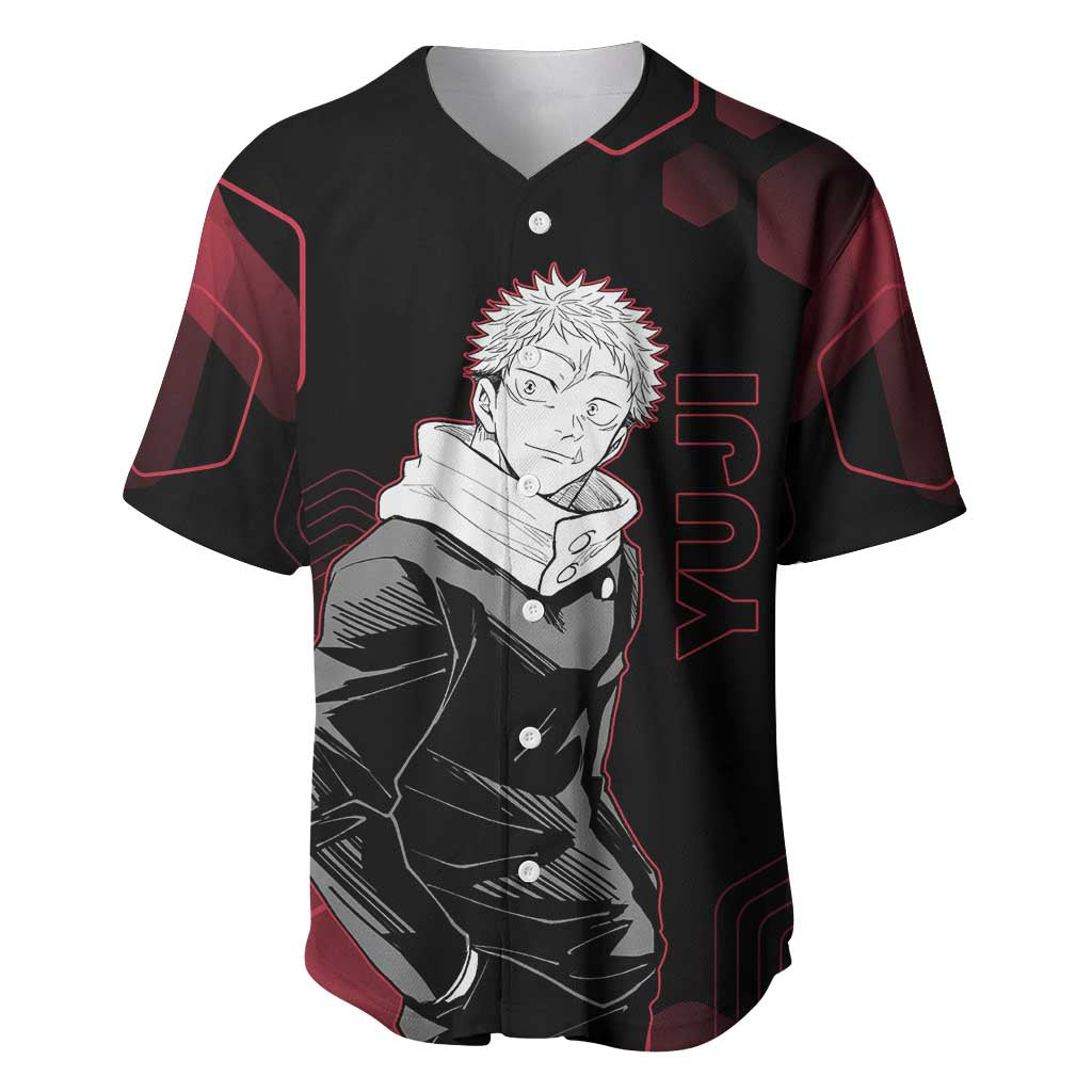 Yuji Itadori Jujutsu Kaisen Red Hexagon Design Baseball Jersey with Sukuna Transformation and Manga Style Art - The Mazicc