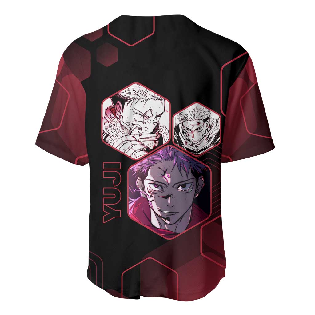 Yuji Itadori Jujutsu Kaisen Red Hexagon Design Baseball Jersey with Sukuna Transformation and Manga Style Art - The Mazicc